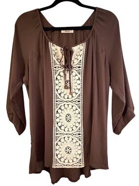Boutique Pronto Brown Boho Crochet Peasant Blouse Size Medium